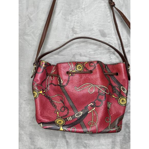 Talbots Leather Bucket Bag Womens Brown Red Equestrian Print Drawstring Shoulder - Picture 3 of 15